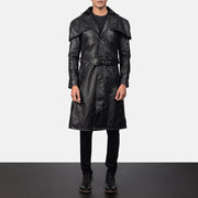 
Black Cowhide Leather Trench Coat - Pamje e pasme me supe të theksuara dhe buzë të pastër