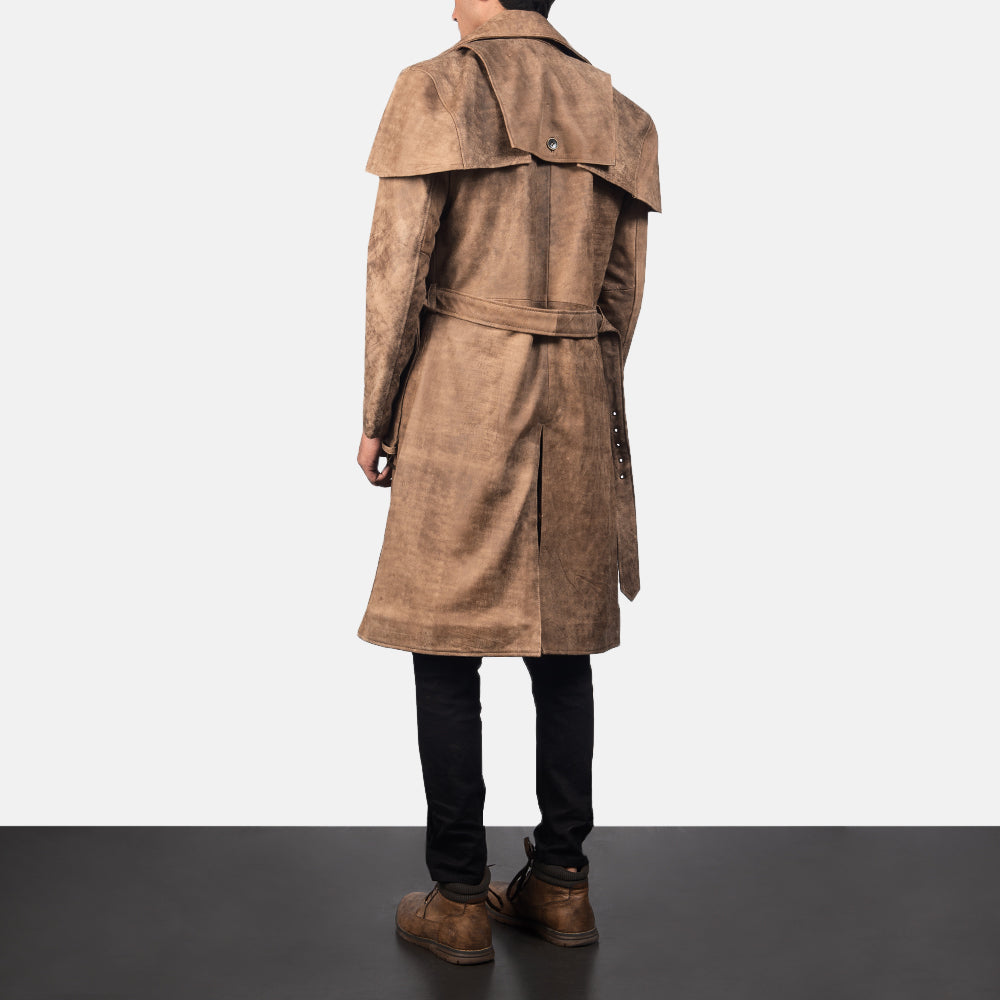 
Deux Kafe Leather Duster për Meshkuj - Pamje anësore me prerje ergonomike të mëngëve