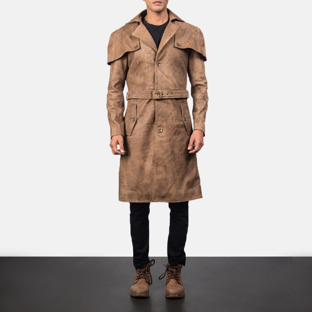 
Detaje nga afër of Classic Collar & Buttons + Belt Hardware on Deux Kafe Leather Duster për Meshkuj