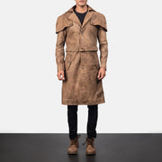 
Detaje nga afër of Classic Collar & Buttons + Belt Hardware on Deux Kafe Leather Duster për Meshkuj