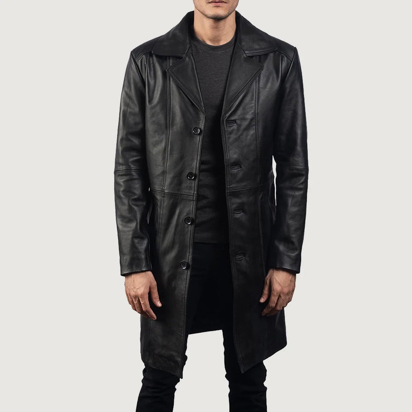Don Long E zezë Leather Coat për meshkuj