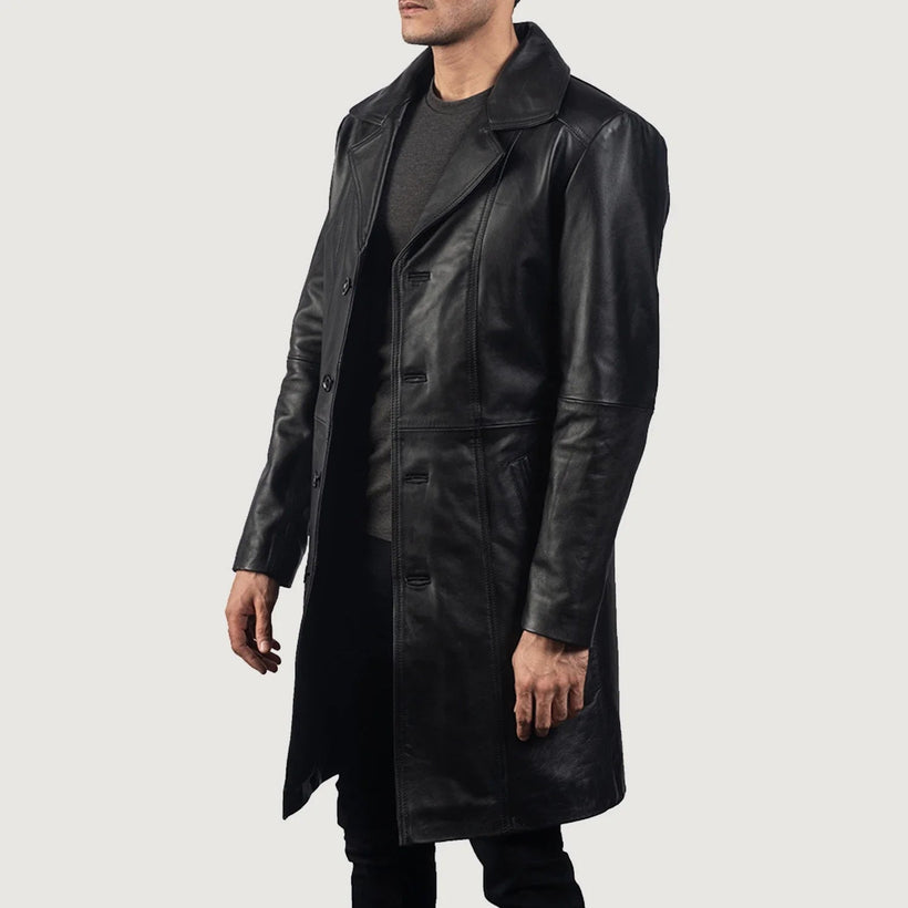 Don Long E zezë Leather Coat për meshkuj