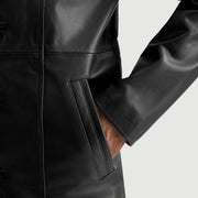 Close-Up Detail of Notch &amp; Button Hardware on Men's Don Long Black Leather Coat