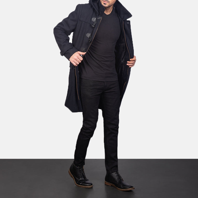 Drake E zezë Wool Hooded Duffle Pallto Lëkure për Meshkuj