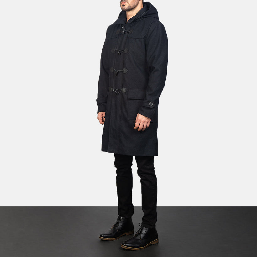 Drake E zezë Wool Hooded Duffle Pallto Lëkure për Meshkuj