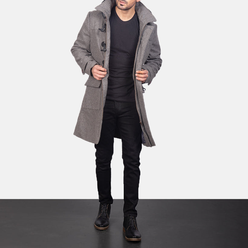 Drake Grey Wool Hooded Duffle Pallto Lëkure për Meshkuj