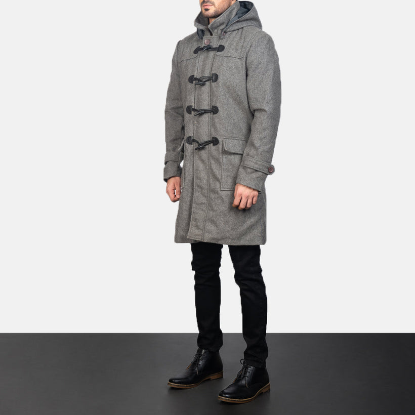 Drake Grey Wool Hooded Duffle Pallto Lëkure për Meshkuj