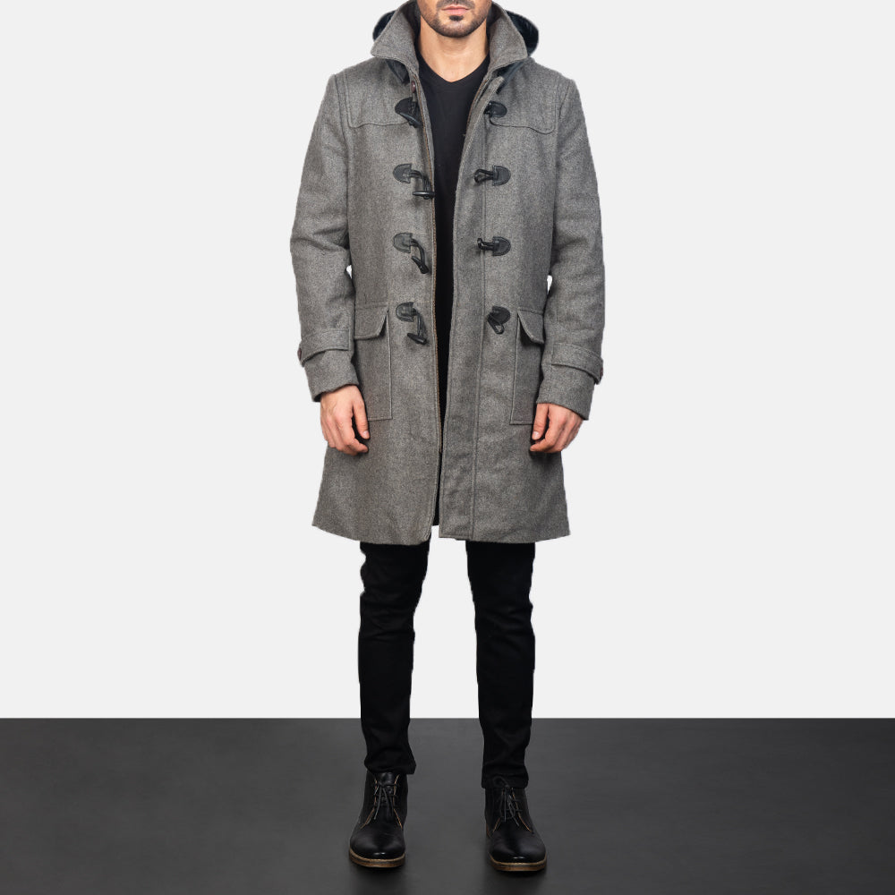 Close-Up Detail of Shirt with Removable Hood &amp; Toggle Buttons with Placket &amp; Zipper Hardware on Men's Grey Wool Duffle Coat