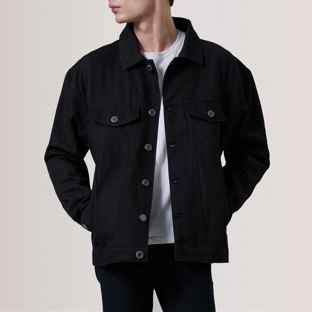 Eddie Black Oversized Denim Trucker Jacket For Men in Black Full-Grain Leather - Front Profile View &amp; Tailored Silhouette | Buy Online