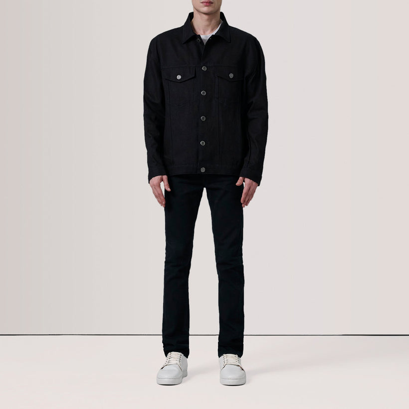 Eddie E zezë Oversized Denim Trucker Xhaketë Lëkure për Meshkuj