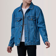 
Eddie Dark Blu Oversized Denim Trucker Xhaketë Lëkure për Meshkuj For Men in Dark Blue Full-Grain Leather - Pamje ballore dhe siluetë e përshtatur | Bli online