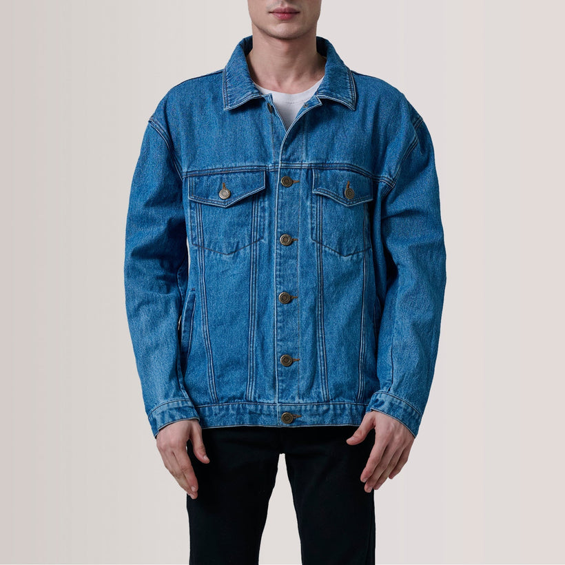 Eddie Dark Blu Oversized Denim Trucker Xhaketë Lëkure për Meshkuj