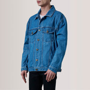 
Eddie Dark Blu Oversized Denim Trucker Xhaketë Lëkure për Meshkuj For Men - Pamje anësore me prerje ergonomike të mëngëve