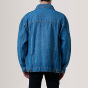 
Detaje nga afër of Classic Collar & Heavy-Duty Zipper Hardware on Eddie Dark Blu Oversized Denim Trucker Xhaketë Lëkure për Meshkuj For Men