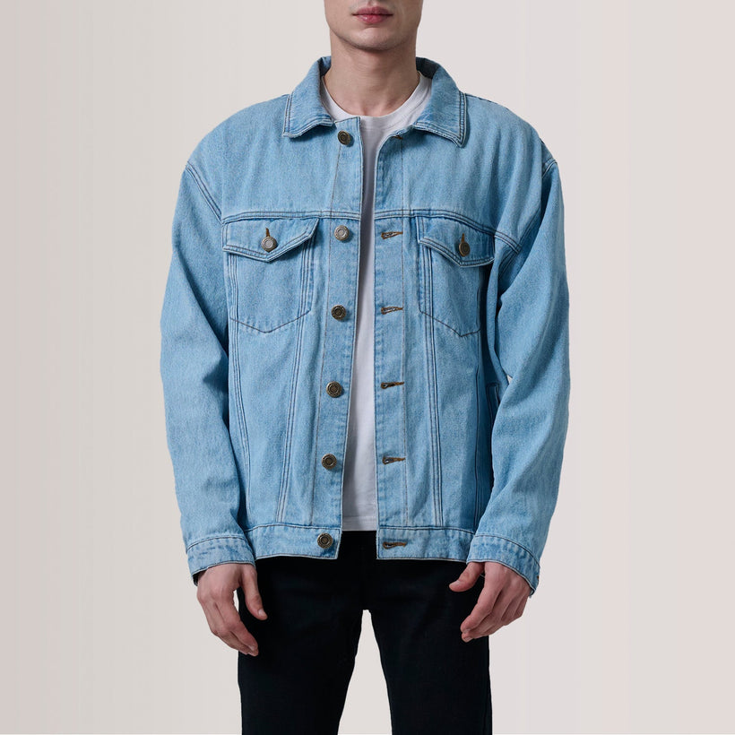 Eddie Light Blu Oversized Denim Trucker Xhaketë Lëkure për Meshkuj