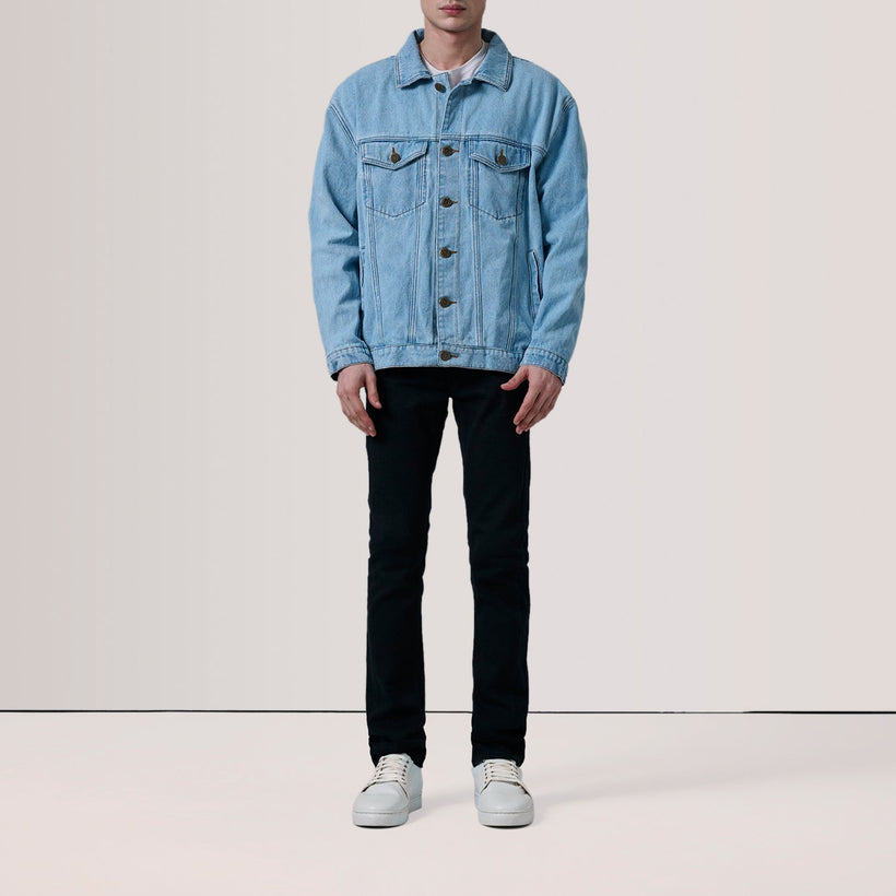 Eddie Light Blu Oversized Denim Trucker Xhaketë Lëkure për Meshkuj