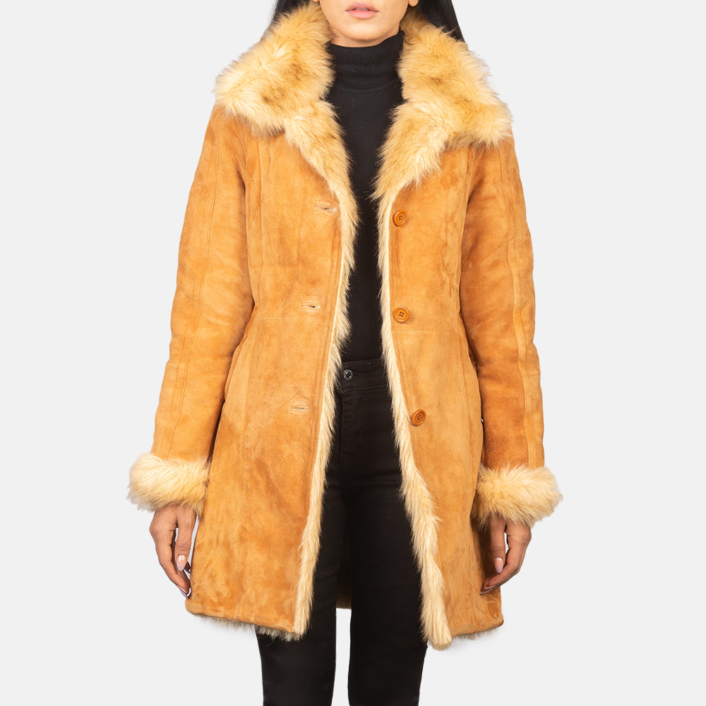 
Erica Beige Leather Coat in Distressed Beige Goatskin Suede - Pamje ballore dhe siluetë e përshtatur | Bli online