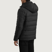 
Detaje nga afër of Classic Collar & Zipper With Wind Flap Hardware on Erico E zezë Hooded Puffer Xhaketë Lëkure për Meshkuj