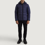 
Erico Blu Hooded Puffer Xhaketë Lëkure për Meshkuj - Pamje anësore me prerje ergonomike të mëngëve
