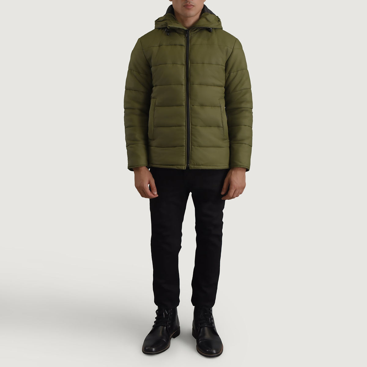 
Erico E gjelbër Hooded Puffer Xhaketë Lëkure për Meshkuj - Pamje anësore me prerje ergonomike të mëngëve