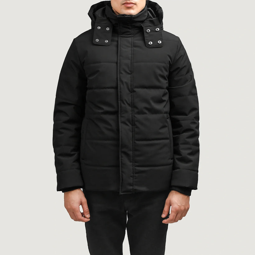 Exton E zezë Hooded Down Puffer Xhaketë lëkure për meshkuj