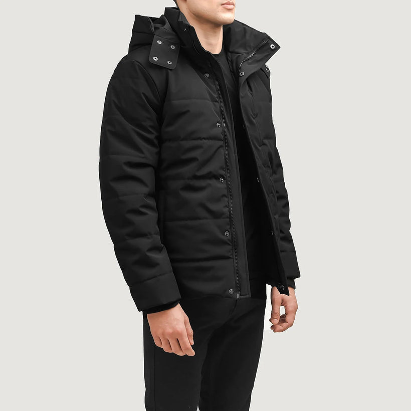 Exton E zezë Hooded Down Puffer Xhaketë lëkure për meshkuj