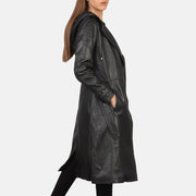 
Black Sheepskin Leather Trench Coat - Pamje e pasme me supe të theksuara dhe buzë të pastër