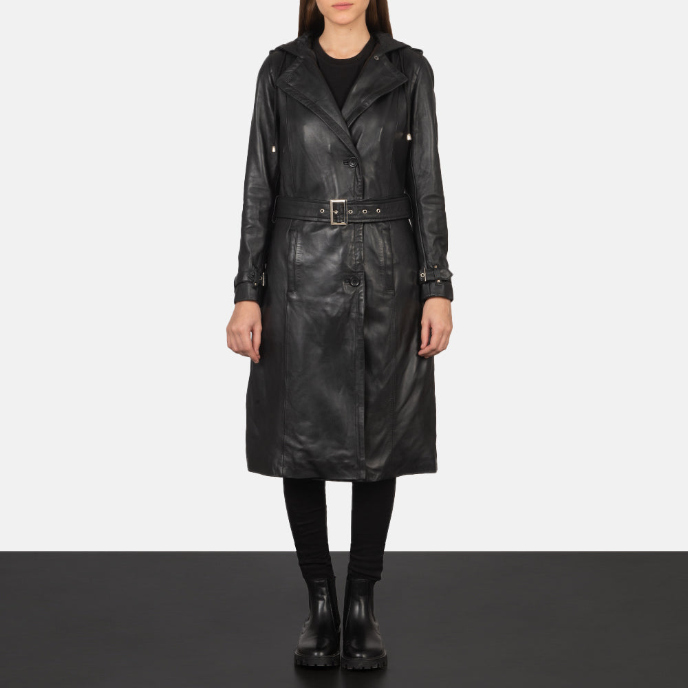 
Fixon Hooded E zezë Mantel Trench Lëkure për Femra - Pamje anësore me prerje ergonomike të mëngëve