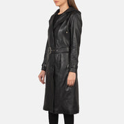 
Detaje nga afër of Hooded & Button + Belt Hardware on Fixon Hooded E zezë Mantel Trench Lëkure për Femra