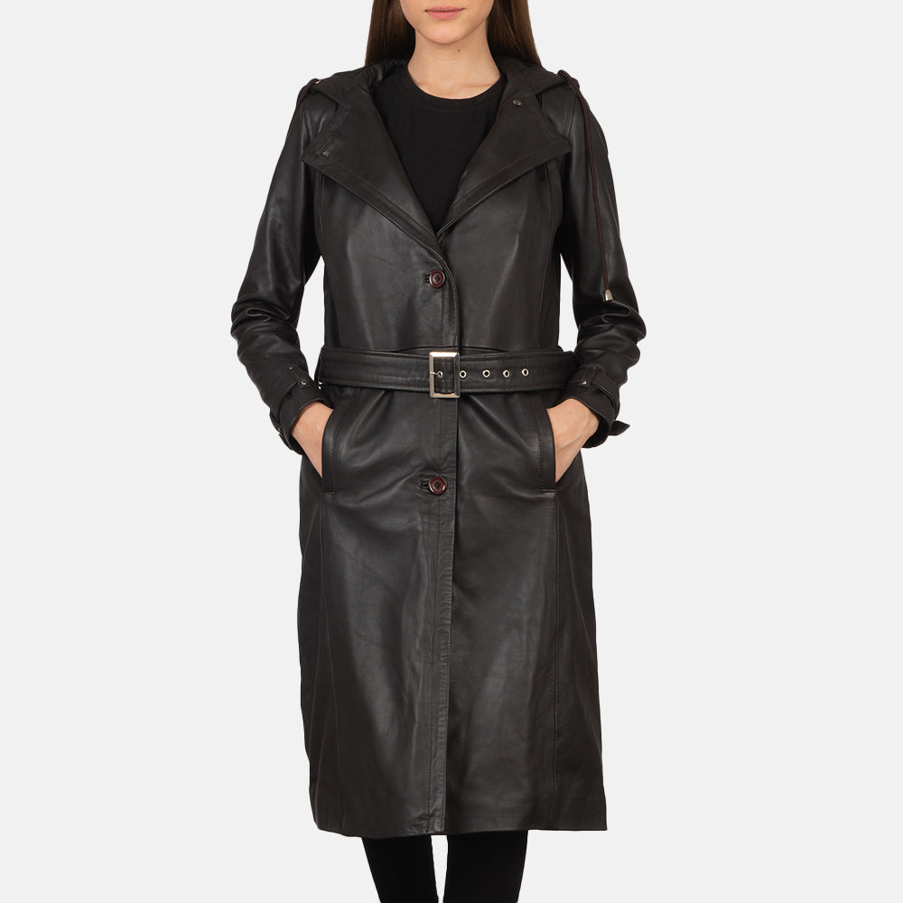 Fixon Hooded Brown Trench Coat in Brown Sheepskin Leather - Pamje ballore dhe siluetë e përshtatur | Bli online