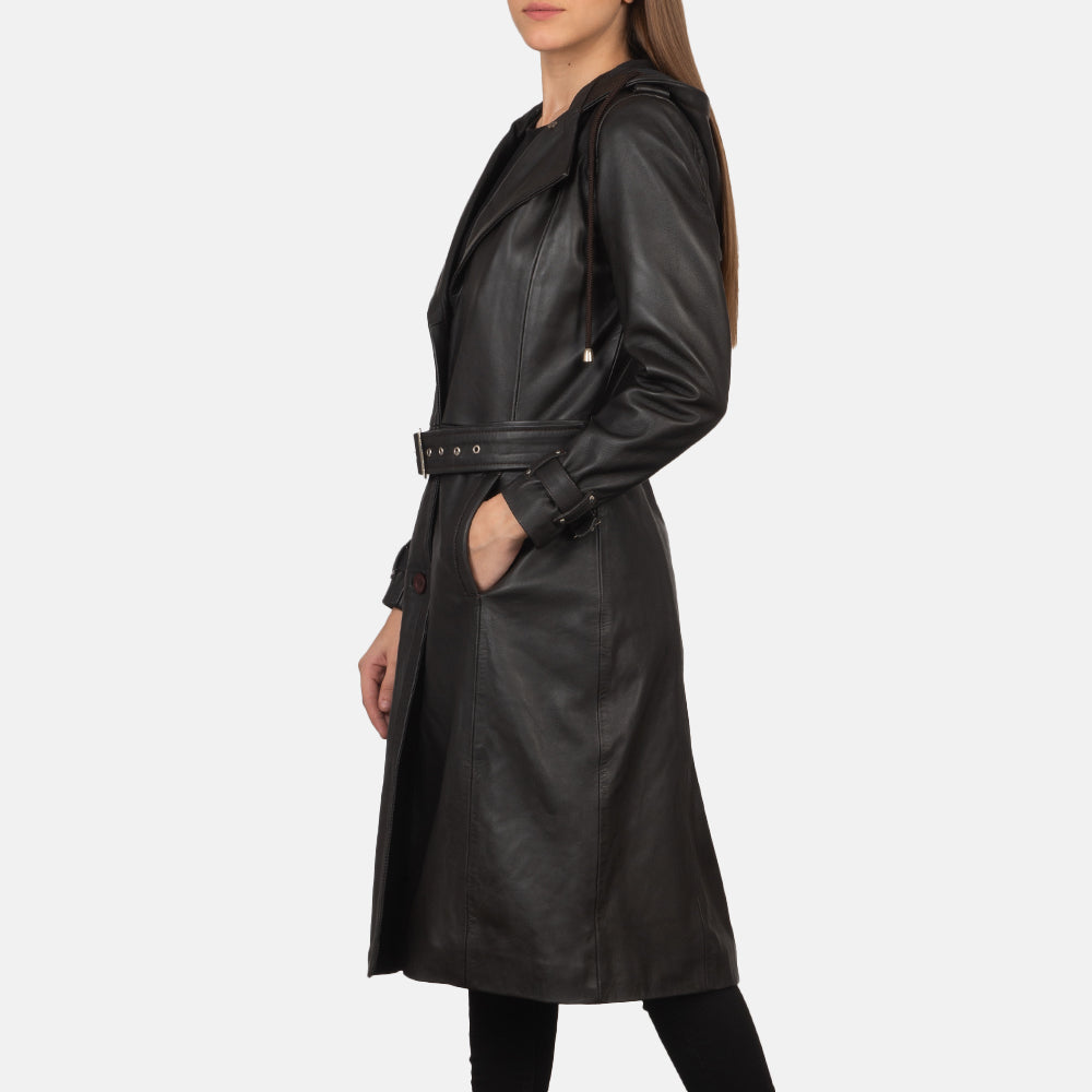
Brown Sheepskin Leather Trench Coat - Pamje e pasme me supe të theksuara dhe buzë të pastër