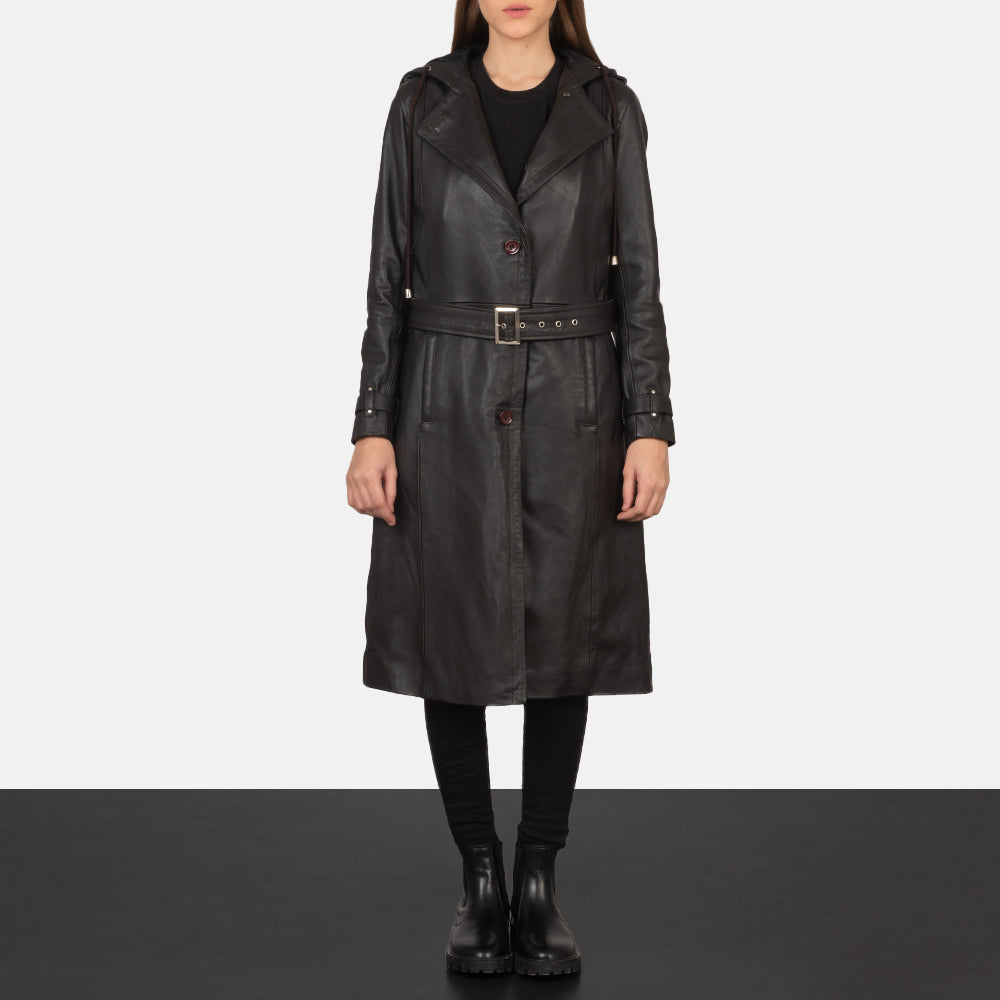 
Fixon Hooded Kafe Mantel Trench Lëkure për Femra - Pamje anësore me prerje ergonomike të mëngëve