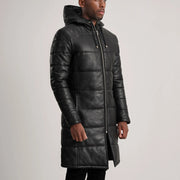 
Tan Brown Sheepskin Leather Hooded Jacket - Pamje e pasme me supe të theksuara dhe buzë të pastër