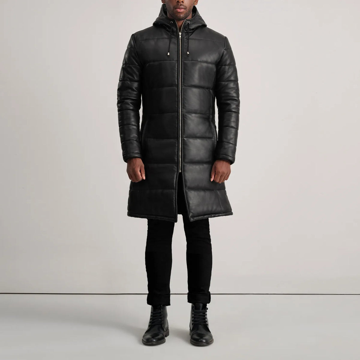 
Floyd Tan Hooded Leather Puffer Coat - Pamje anësore me prerje ergonomike të mëngëve