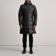 
Floyd Tan Hooded Leather Puffer Coat - Pamje anësore me prerje ergonomike të mëngëve