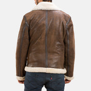 
Distressed Brown Sheepskin Leather Aviator Jacket - Pamje e pasme me supe të theksuara dhe buzë të pastër