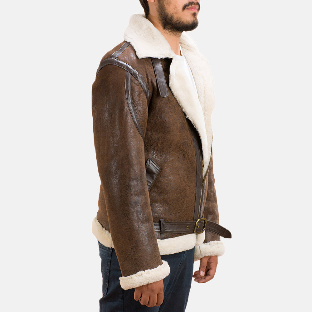 
Detaje nga afër of Notch & Zipper with Waist belt Hardware on Forest Double Face Pallto Lëkure me Lesh Qengji për Meshkuj