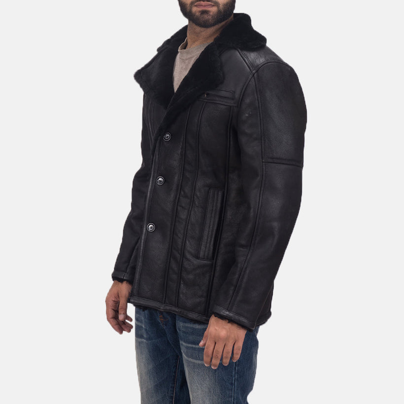 Men's Furcliff Double Face Shearling Leather Coat in Black Shearling Leather (Double Face) - Front Profile View & Tailored Silhouette | Buy Online