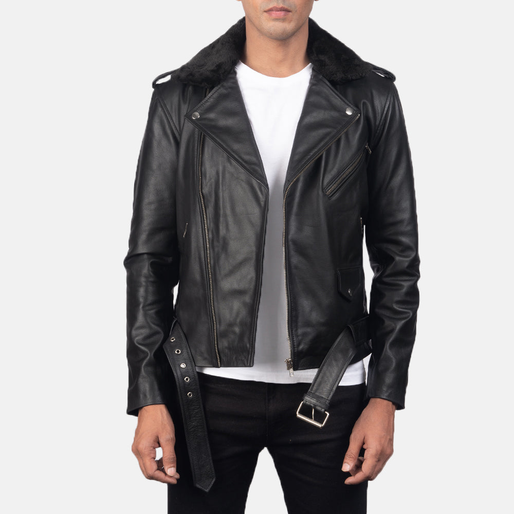 
Furton Black Leather Biker Jacket in Black Cowhide Leather - Pamje ballore dhe siluetë e përshtatur | Bli online