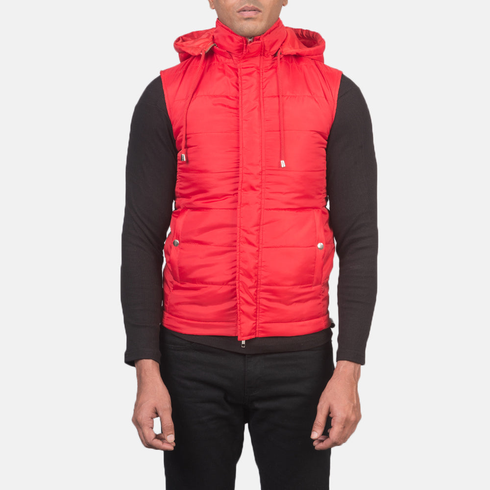 
Detaje nga afër of Band with Removable Hood & Zipper with dual puller and wind flap Hardware on Fuston E kuqe Jelek me kapuç i ngrohtë për Meshkuj