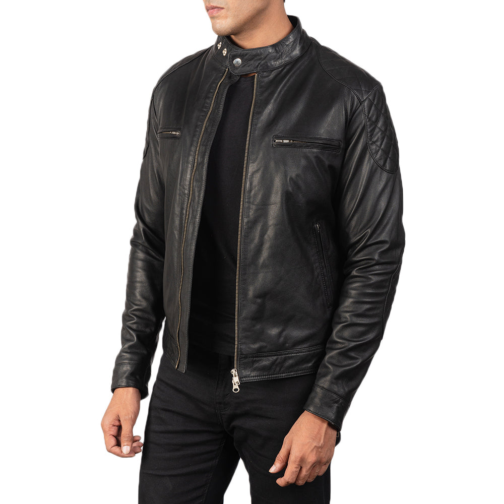 
Black Goatskin Leather Biker Jacket - Pamje e pasme me supe të theksuara dhe buzë të pastër