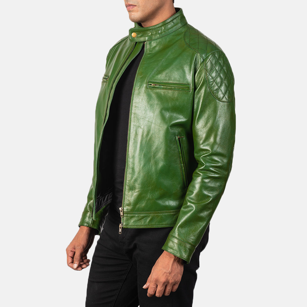 
Green Sheepskin Burnishing Biker Jacket - Pamje e pasme me supe të theksuara dhe buzë të pastër