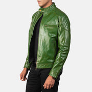 
Green Sheepskin Burnishing Biker Jacket - Pamje e pasme me supe të theksuara dhe buzë të pastër