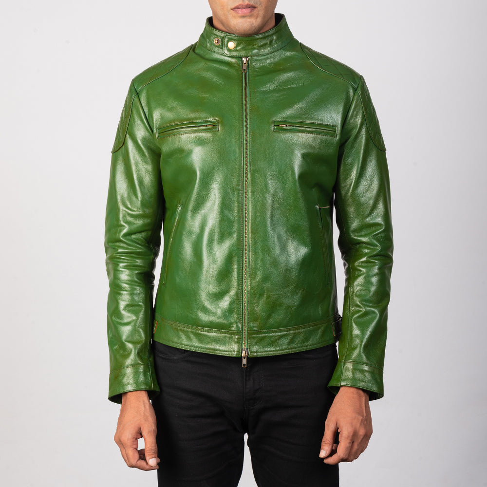 
Gatsby Quilted Green Leather Biker Jacket - Pamje anësore me prerje ergonomike të mëngëve