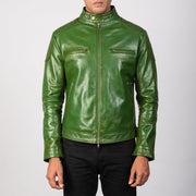 
Gatsby Quilted Green Leather Biker Jacket - Pamje anësore me prerje ergonomike të mëngëve