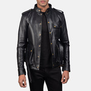 Germain Black Leather Jacket - Lateral Side Profile View Showing Sleeve Cut &amp; Athletic Taper Fit
