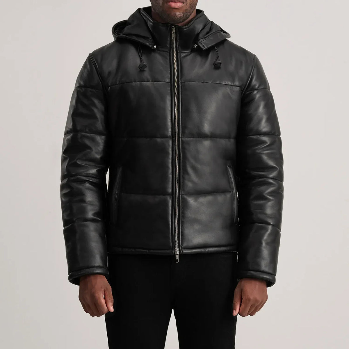 
Detaje nga afër of High neck & Zipper Hardware on Gordon Tan Hooded Leather Puffer Jacket