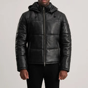 
Detaje nga afër of High neck & Zipper Hardware on Gordon Tan Hooded Leather Puffer Jacket