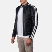 
Black & White Cowhide Leather Biker Jacket - Pamje e pasme me supe të theksuara dhe buzë të pastër