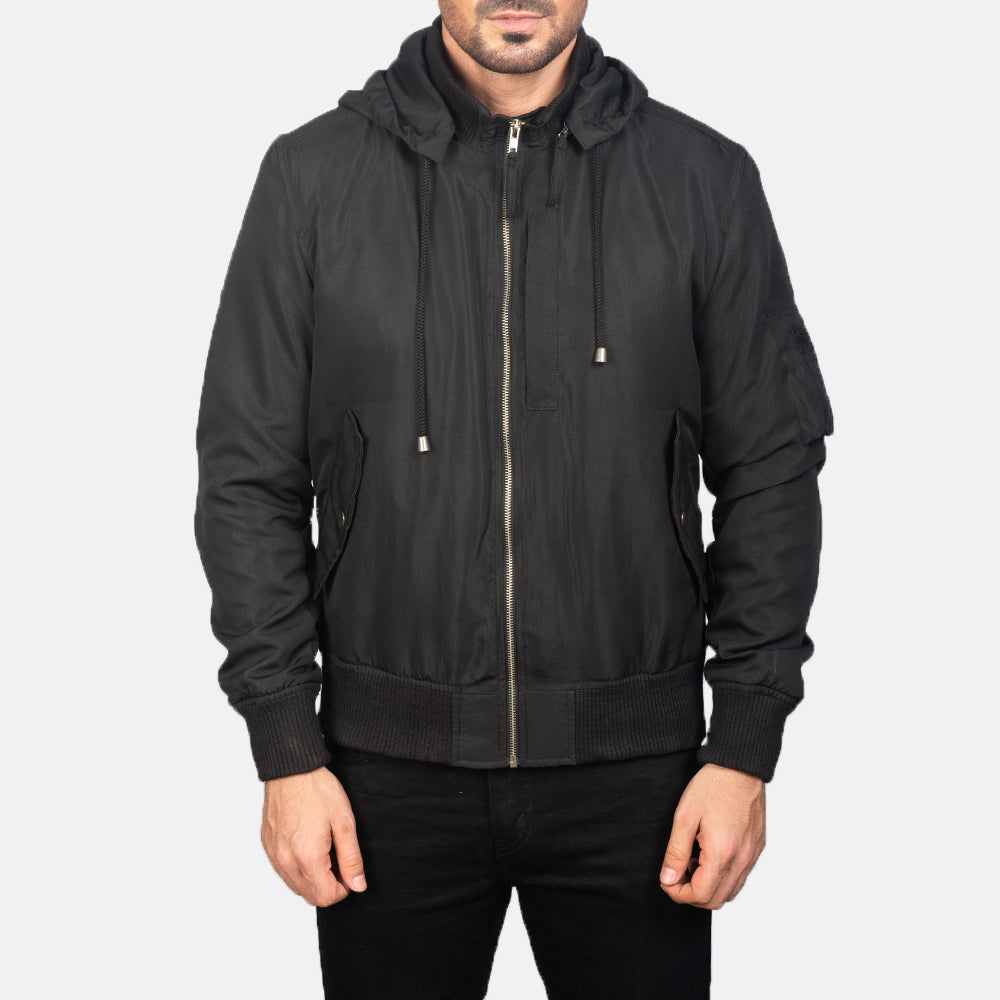 
Detaje nga afër of Knit Rib with Removable Polyester Hood & Zipper Hardware on Hanklin Ma-1 Black Hooded Bomber Jacket